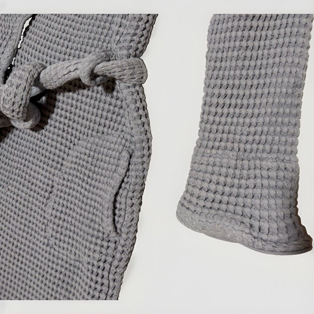 Brooklinen Dreamweave Waffle Knit Robe Light Gray Cotton Belted Spa Bathrobe - Picture 3 of 5